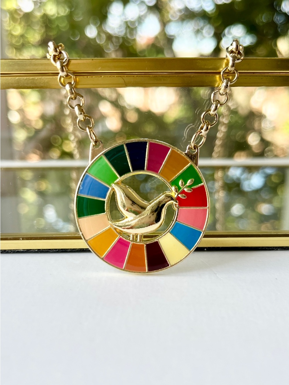 🕊️Gold Peace Dove Pendant Necklace with Multicolor Enamel Accents
